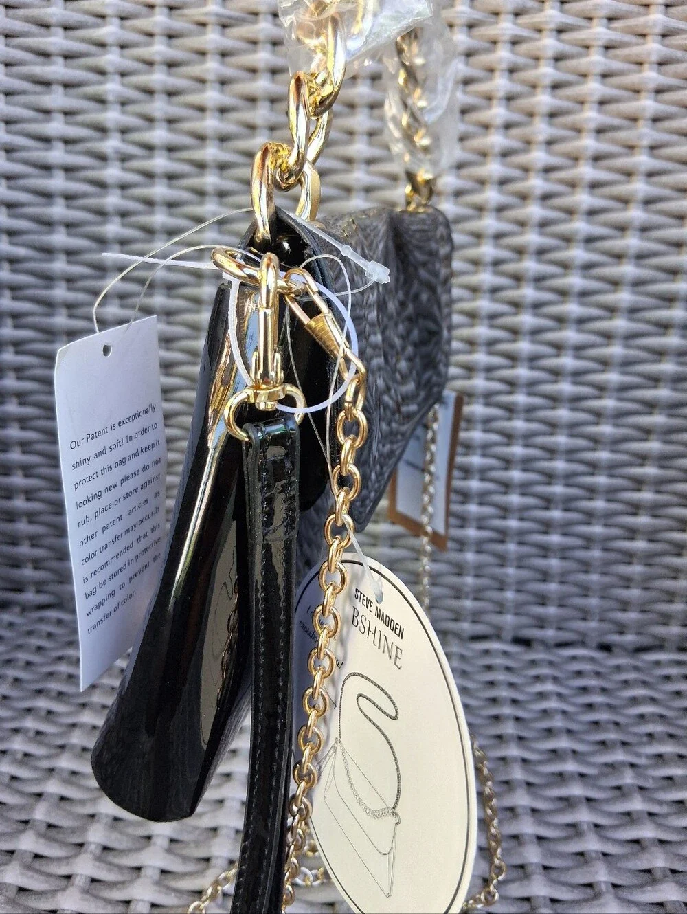 Steve Madden Black Patent Shoulder Bag with Gold Chain Accent